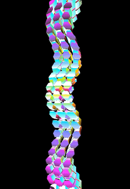 Shader with spinning rainbow helix made of metallic hexagons